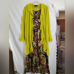 Brown and Green Layered Dress with Butterfly Print and Jacket